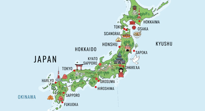 Illustrated Map of Japan with Major Cities and Landmarks, Travel and Culture