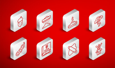 Set line Windmill, Sifting flour, Seed, Rolling pin on dough, Acorn, oak nut, seed, Book about seeds and Green peas icon. Vector © vector_v