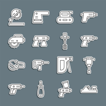 Set line Wood plane tool, Construction jackhammer, Electric cordless screwdriver, planer, Paint spray gun, circular saw, Table for woodwork and Electrical hand concrete mixer icon. Vector