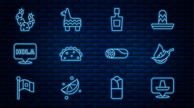 Set line Mexican sombrero, Hot chili pepper pod, Tequila bottle, Taco with tortilla, Hola, Cactus, Burrito and Pinata icon. Vector