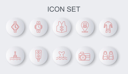 Set line Flippers for swimming, Floating buoy, Life jacket, Photo camera diver, Diving watch, Gauge scale and Whale tail icon. Vector © vector_v
