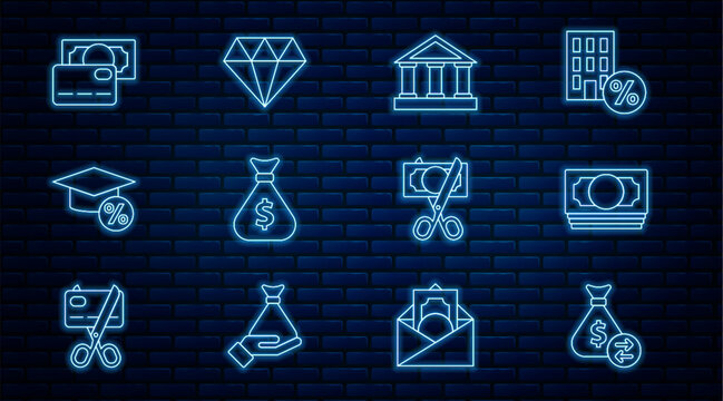 Set line Money bag, Stacks paper money cash, Bank building, Graduation cap and coin, Credit card, Scissors cutting and Diamond icon. Vector
