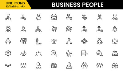 Fototapeta premium Business people line icons set. Businessman outline icons collection. Teamwork, human resources, meeting, partnership, meeting, work group, success, resume 