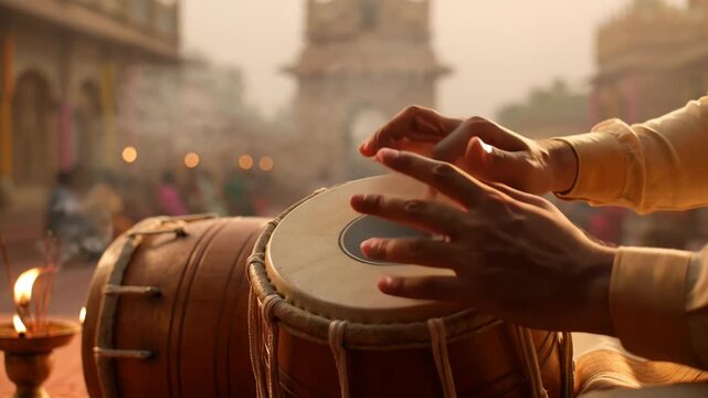 Close-up of hands playing traditional Indian percussion instrument during festive celebration at outdoor event