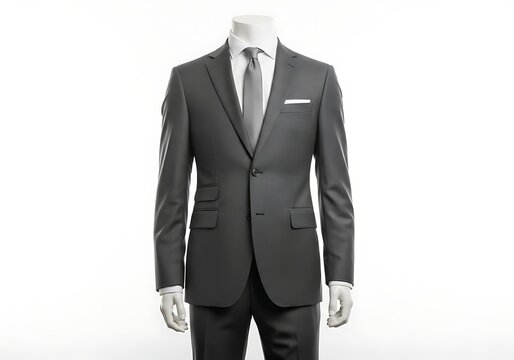 A professional dark grey two-piece suit on a mannequin with a crisp white shirt and matching tie