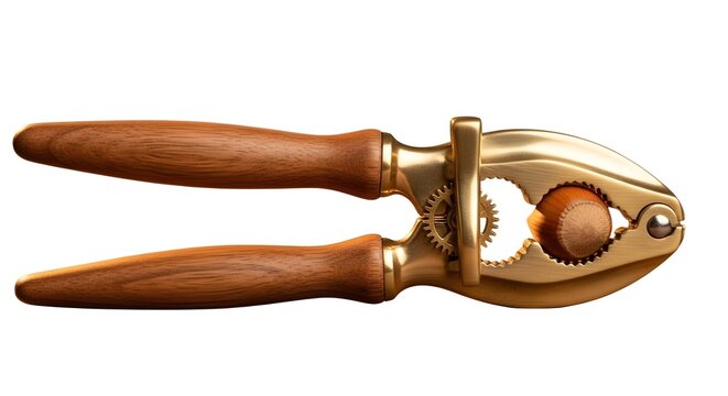Golden nutcracker with wooden handles isolated on white background