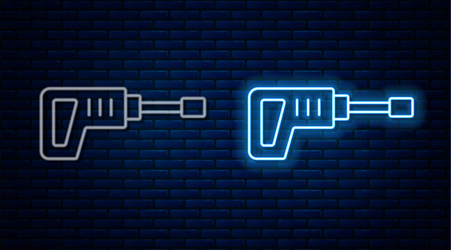 Glowing neon line Electric rotary hammer drill machine icon isolated on brick wall background. Working tool for construction, finishing, repair work. Vector