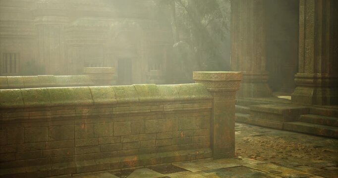 Misty atmosphere envelops ancient ruins with stone columns and steps, creating an enchanting environment that hints at forgotten stories and lost civilizations.