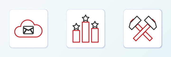 Fototapeta premium Set line Two crossed hammers, Cloud mail server and Ranking star icon. Vector