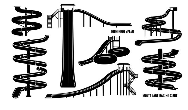 Water slide silhouette icons aquapark attraction vector set