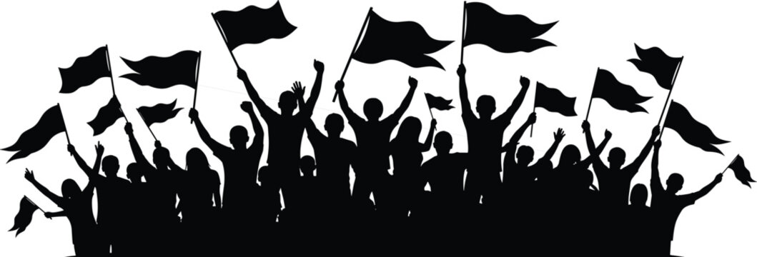 Crowd silhouette collection, people waving flags vector, protest rally illustration, unity celebration artwork, demonstration design graphic, collective action silhouette set