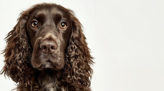 Chocolate brown spaniel with soulful eyes looking straight ahead