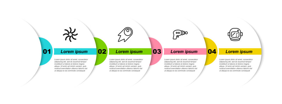 Set line Black hole, Comet falling down fast, Ray gun and Astronaut helmet. Business infographic template. Vector