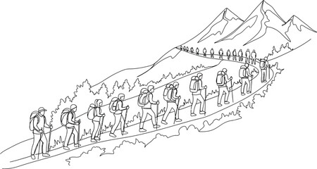 Naklejka premium hikers climbing mountain, scenic trail