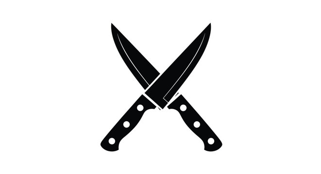 Simple black and white icon design featuring two crossed chef knives symbolizing cooking or culinary arts