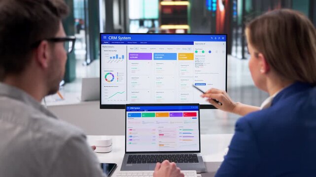 Marketing Manager Reviews CRM Software System During Team