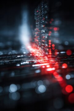 Digital circuitry pulses with red energy against dark backgrounds