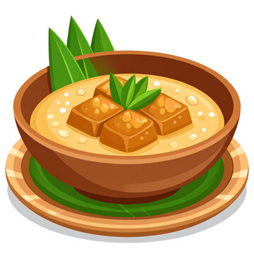 A bowl of traditional Jenang, a thick, sweet rice-based dessert with a glossy texture, topped with colorful cubes and fresh pandan leaves