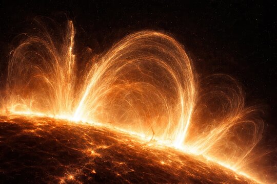 Solar magnetic loops and fiery plasma eruptions on the surface of the sun
