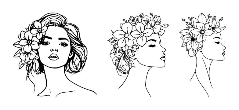 Line art woman with flowers set with stylized floral headband featuring abstract minimalist portrait, female figure, line drawing, vector illustration with flowers and silhouettes