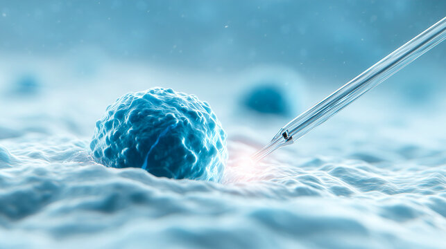 Microscopic image of the process of artificial insemination or cell injection.