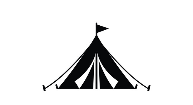 Simple black silhouette illustration of a classic circus tent with a flag on top