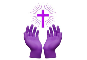 Obraz premium Purple hands with a glowing cross above them