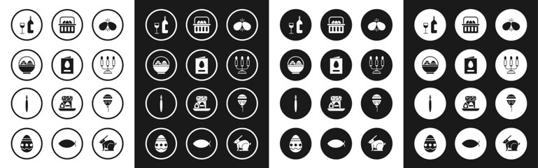 Fototapeta premium Set Easter eggs, Greeting card with Happy, Basket easter, Wine bottle glass, Candelabrum candlesticks, Balloons ribbon and Paint brush icon. Vector