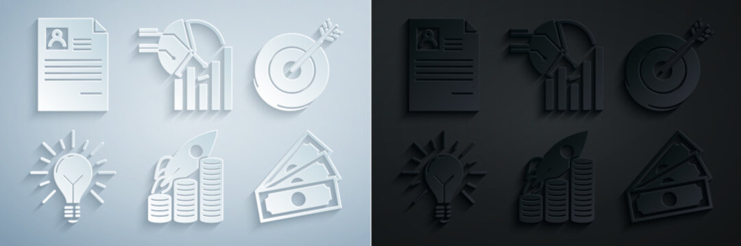 Set Rocket flying up on coins growth chart, Target, Light bulb with rays shine and concept of idea, Stacks paper money cash, Pie infographic and Resume icon. Vector