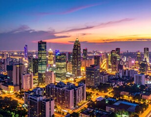 Fototapeta premium Stunning sunset over a modern city skyline with illuminated skyscrapers and vibrant urban lights.