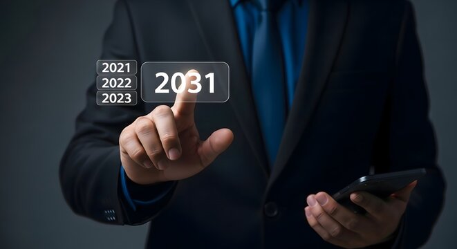 Businessman pointing at a holographic future year 2031 on a virtual screen, symbolizing long-term planning, vision, and future-oriented strategy.