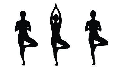 Three silhouettes of women performing a tree pose yoga practice against a white background