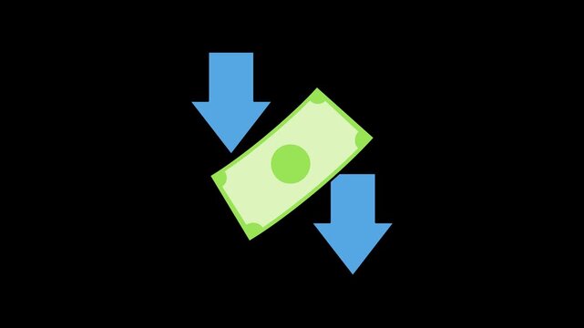 Seamless looping 4K deflation animation showing swaying banknotes and two blue downward arrows. High-quality motion graphic on alpha channel for economic decline and financial market concepts