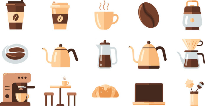 Coffee and Cafe Beverage Icon Set with Cups, Beans, Espresso Machine, Kettle, French Press, Drip Coffee, Laptop, and Bakery Elements