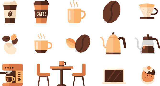 Coffee Shop and Cafe Icon Set with Espresso Cups, Beans, Kettle, Drip Brewer, French Press, Workspace, and Dessert Elements Collection