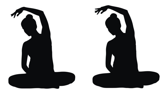 Silhouette of a woman performing a side bending yoga stretch in a seated position
