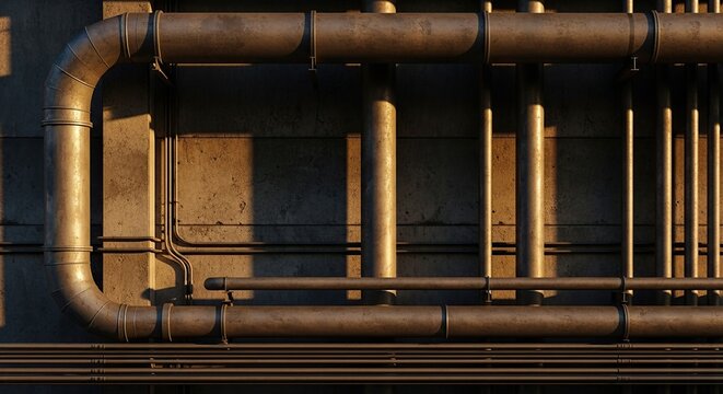 Industrial pipes and tubes, close-up, metallic, rusty, sunlight, shadows.
