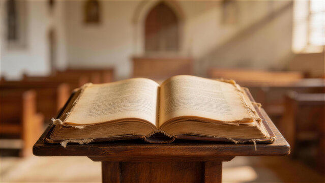 Ancient Open Book on Wooden Lectern in Church 