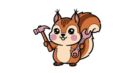 Fototapeta premium Cartoon Squirrel Holding Tools - Hammer and Wrench for Construction or Repair.