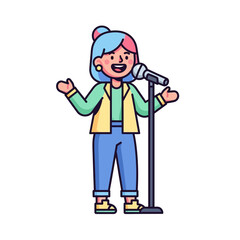 Obraz premium Animated woman with colorful hair singing into microphone, flat design illustration