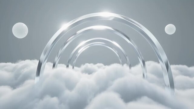Serene rainbow arcing gracefully above fluffy clouds with soft sunlight beams