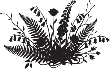 Obraz premium Black floral bouquet, leafy botanical arrangement, dark plant silhouette, vector foliage collection