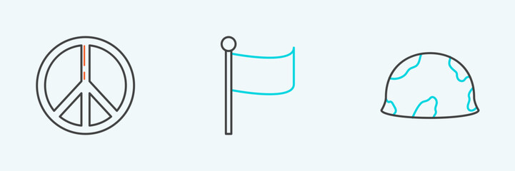 Naklejka premium Set line Military helmet, Peace and Flag icon. Vector