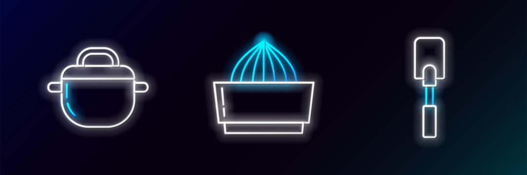 Set line Spatula, Cooking pot and Citrus fruit juicer icon. Glowing neon. Vector