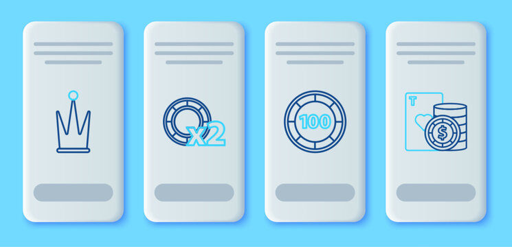 Set line Casino chips, Crown and and playing cards icon. Vector