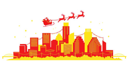 Santa Claus flying over city skyline with reindeer, Christmas lights, holidays © hakim
