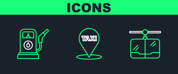 Set line Cable car, Petrol or Gas station and Map pointer with taxi icon. Vector © Oksana