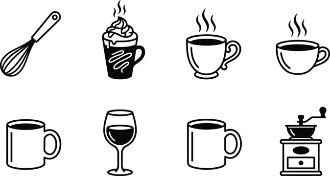 Black and white beverage icons set, whisk cup mug teacup wine glass coffee grinder illustration, kitchen drink design art