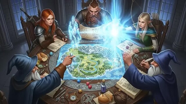 Fantasy characters planning strategy meeting.