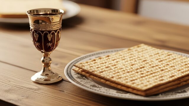 Passover matzah and wine in ornate goblet on rustic wooden table